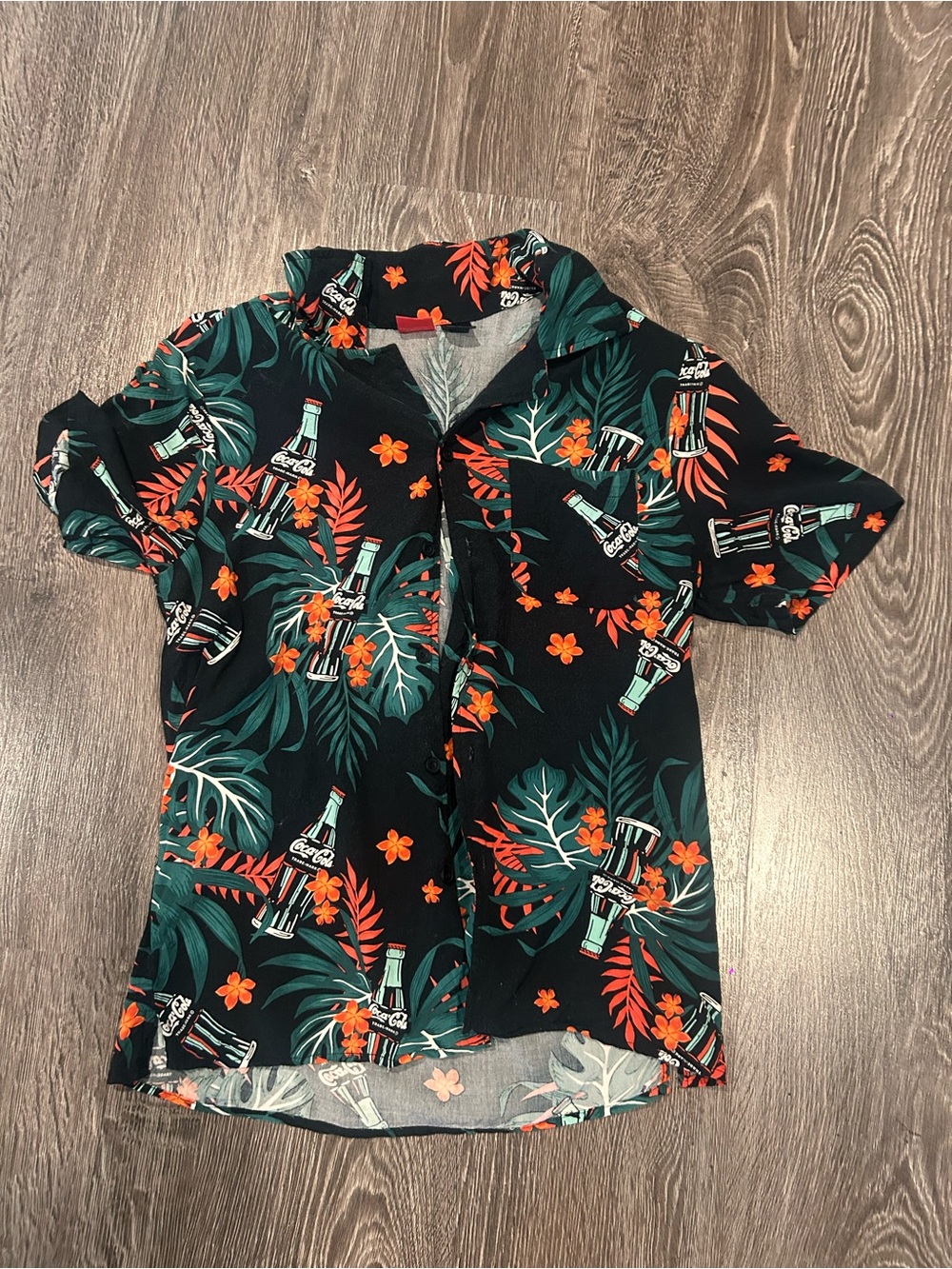 Coca Cola Black Tropical Button-Down Shirt with Green Leaves and Orange Flowers
